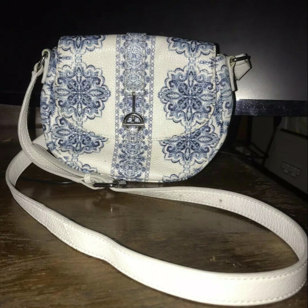 Talbots White Blue Flowers 100% Leather Crossbody